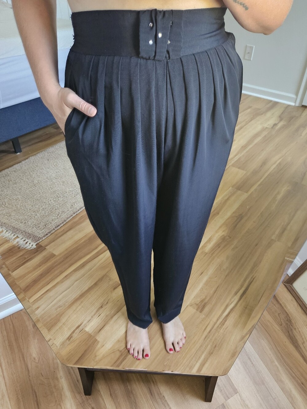 Vintage High-Waist Black Pleated Pants With Rhinestone Detail